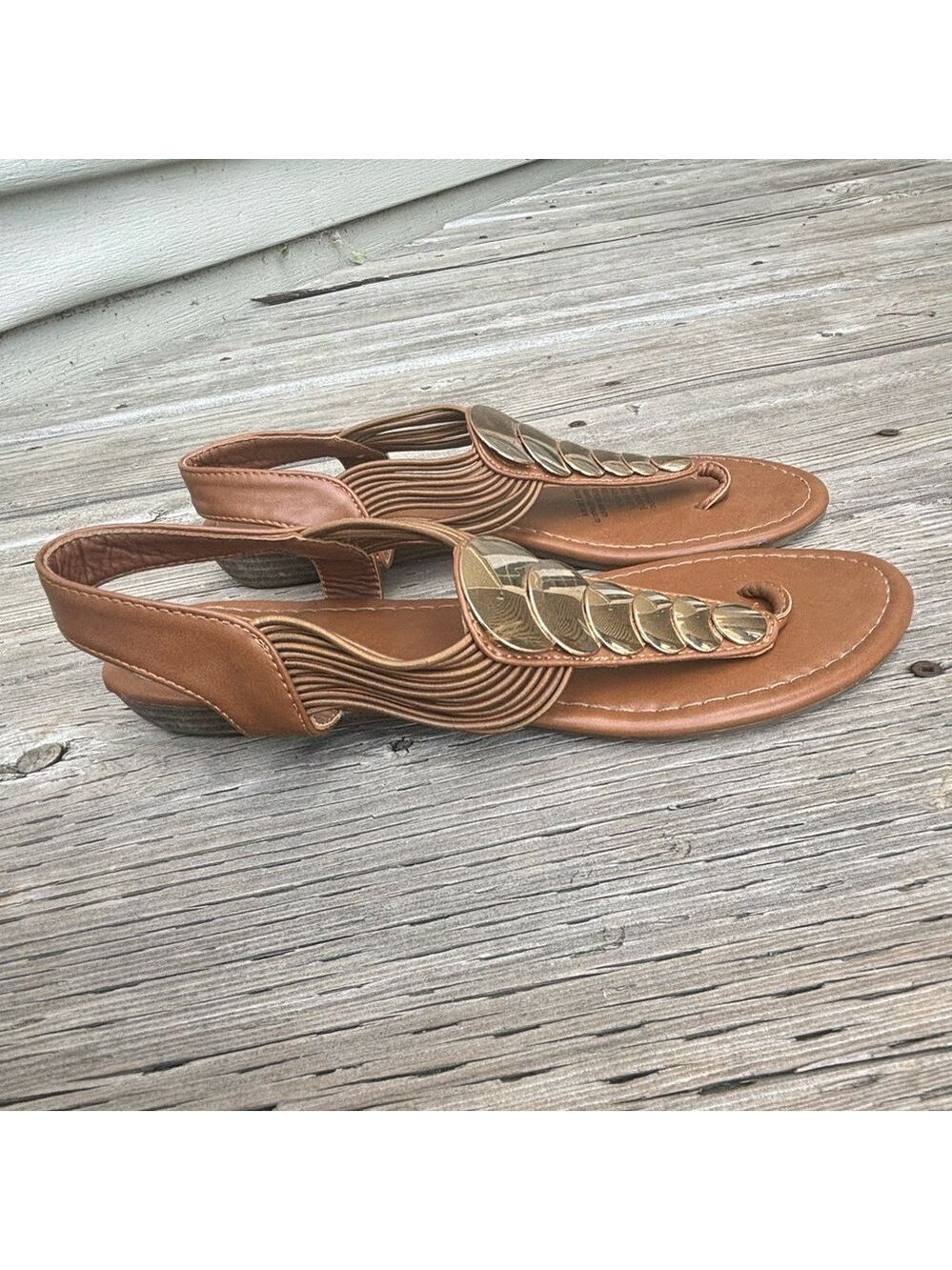 Elegant Tan and Gold Sandals with Intricate Design